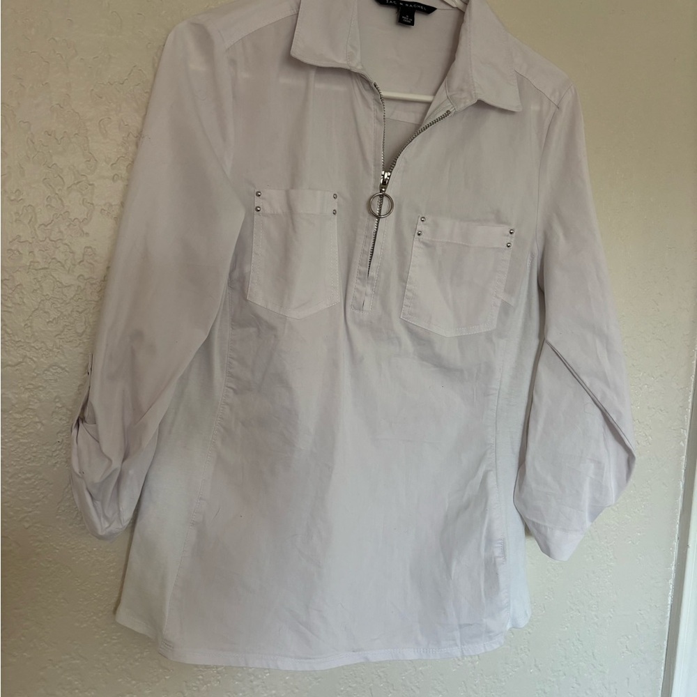 Zac & Rachel Women's White Zip-Up Shirt with Roll-Up Sleeves